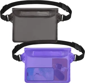 2-Pack Waterproof Pouch with Adjustable Waist Strap, Waterproof Dry Bag, Keeps Cell Phones and Valuables Safe and Dry, Perfect for Kayaking, Beach, Camping and Swimming (Black   Purple)