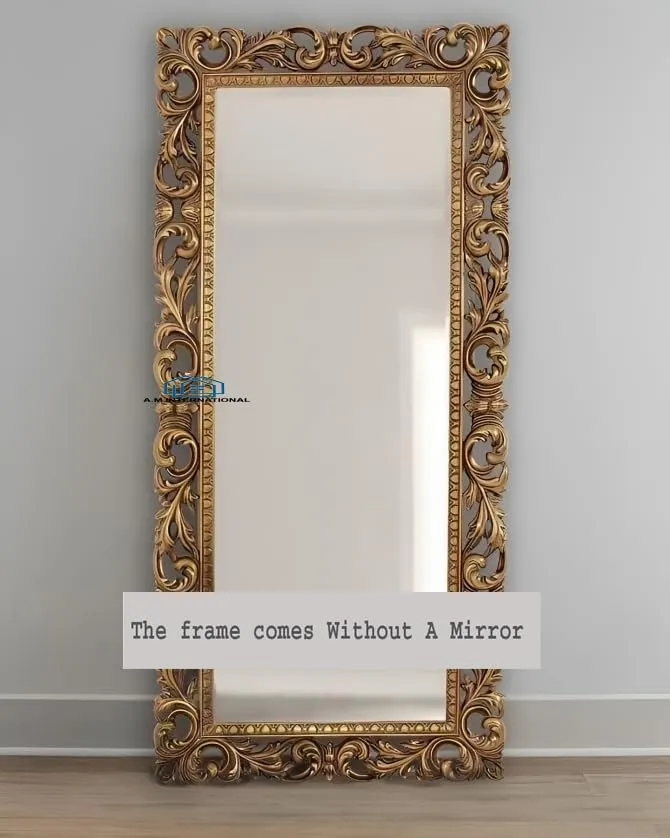 A.M INTERNATIONAL Wooden Mirror Frame for Wall Decoration | Wall Mirror for Bedroom | Antique Mirror Full Length |, Wall Mount| Mango Wood. (Antique Gold, 5x2.5) (6x3 FT)