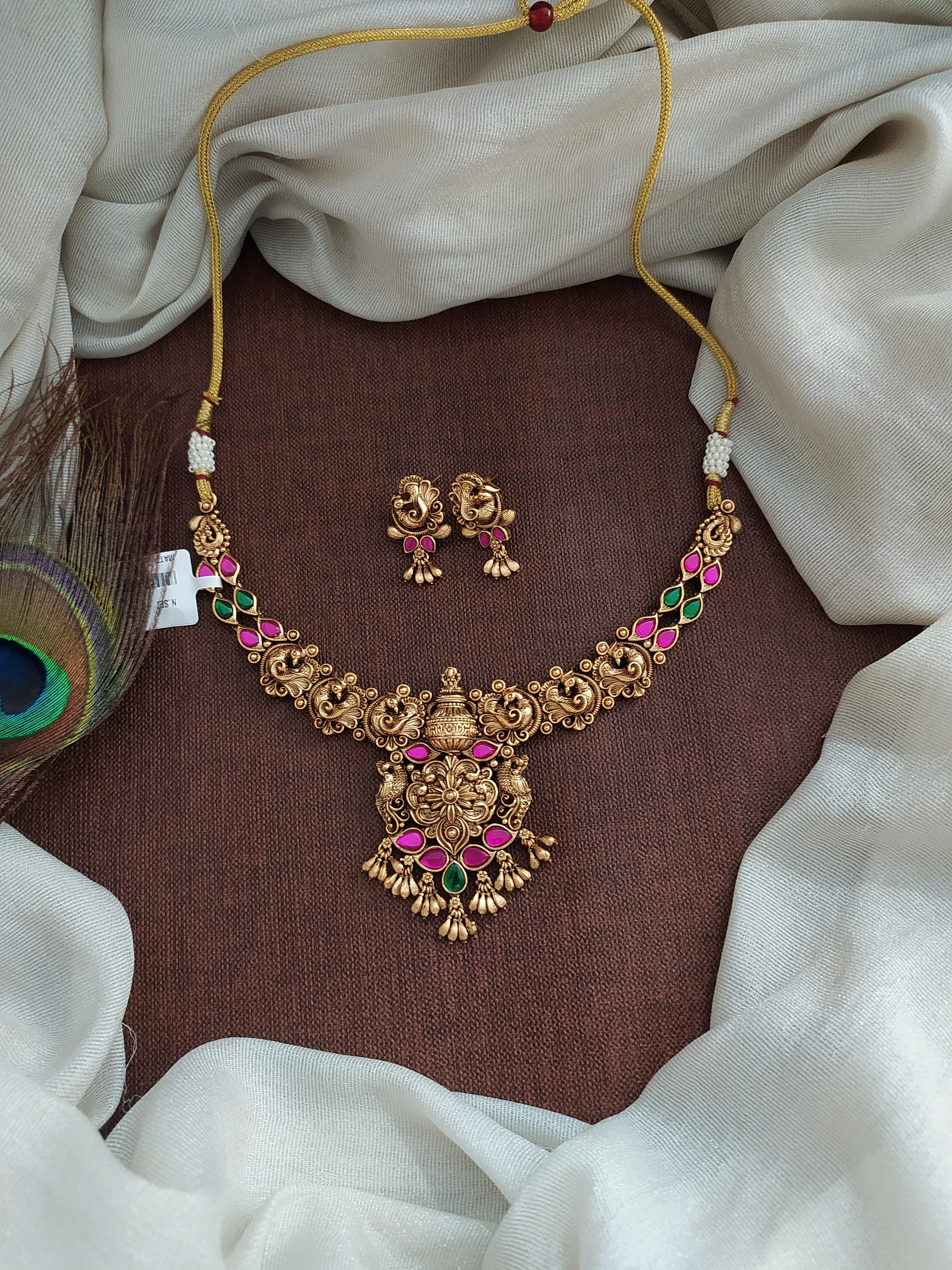 Antique Non-Idol Floral-Peacock Design Necklace Set with Matching Studs