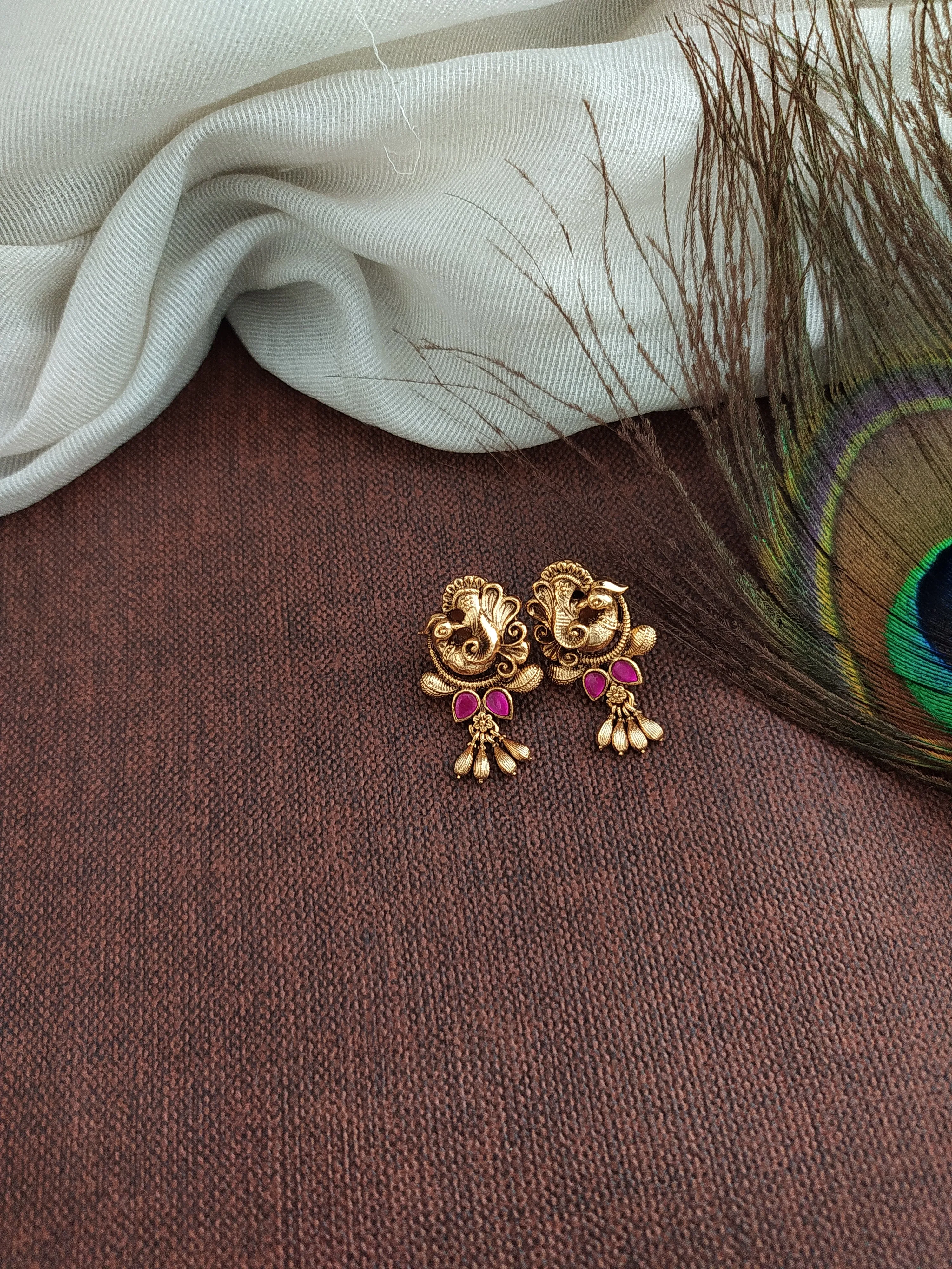 Antique Non-Idol Floral-Peacock Design Necklace Set with Matching Studs