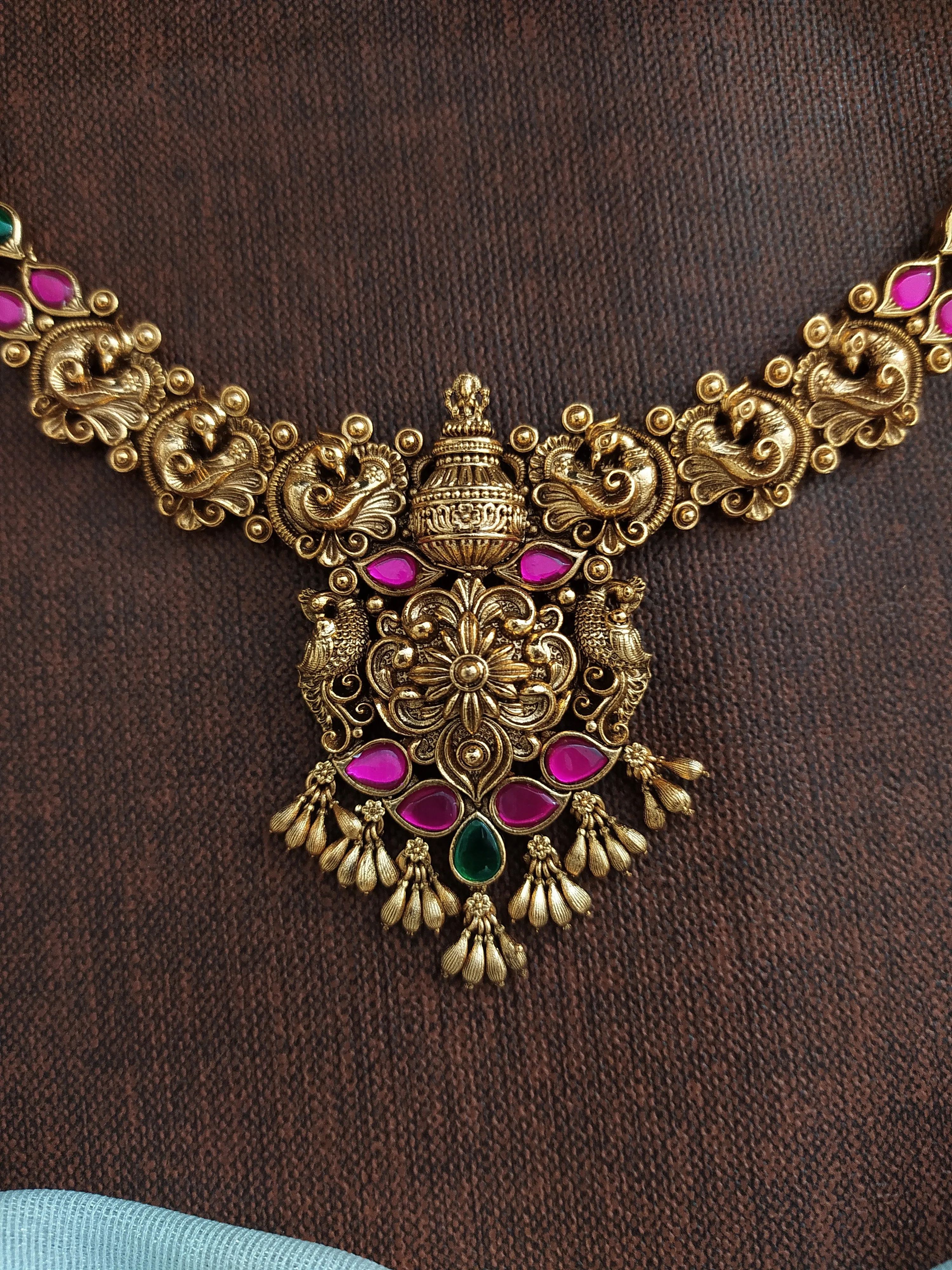 Antique Non-Idol Floral-Peacock Design Necklace Set with Matching Studs