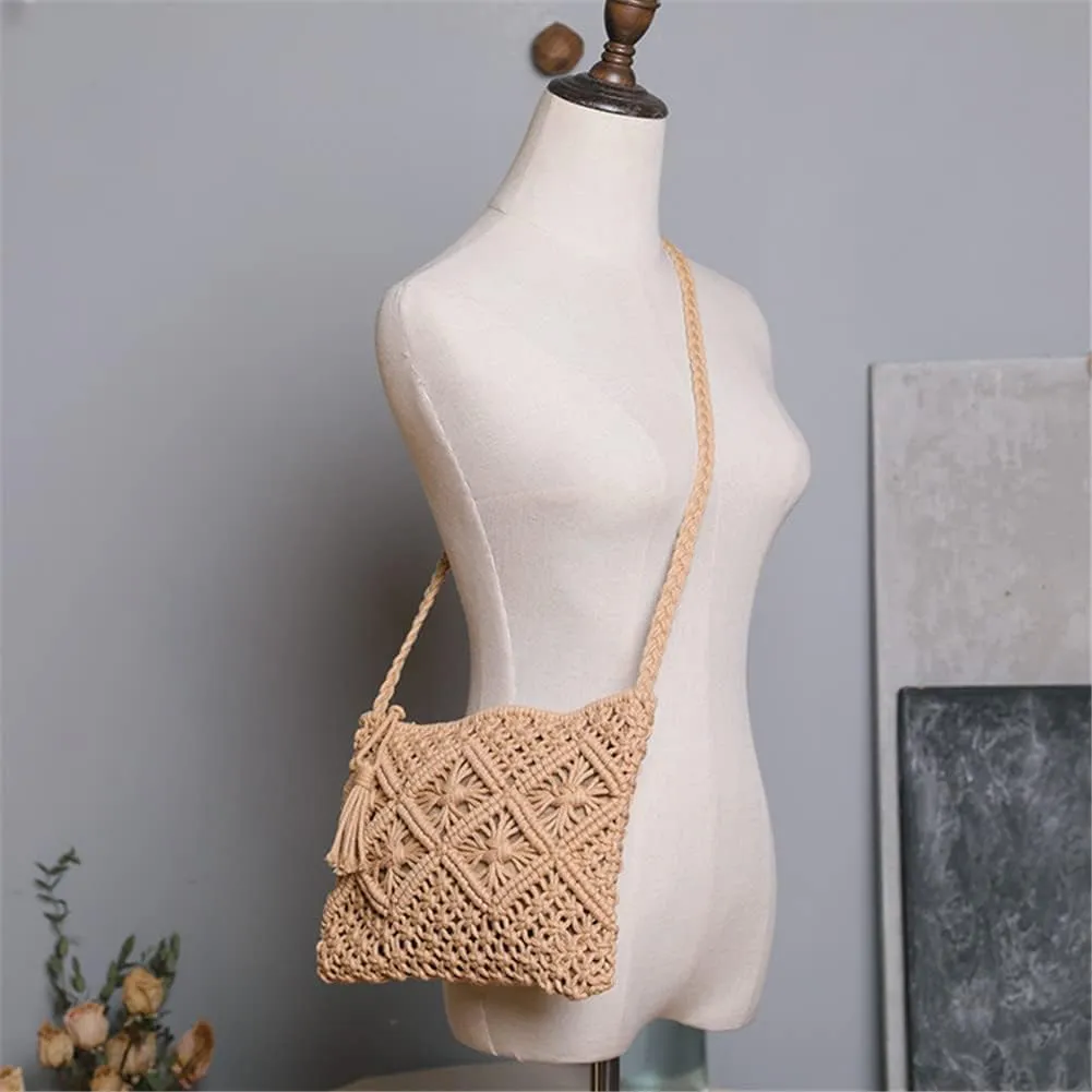 Boho Straw Shoulder Bag Handwoven Wicker Beach Purse for Women Crossbody Handbag