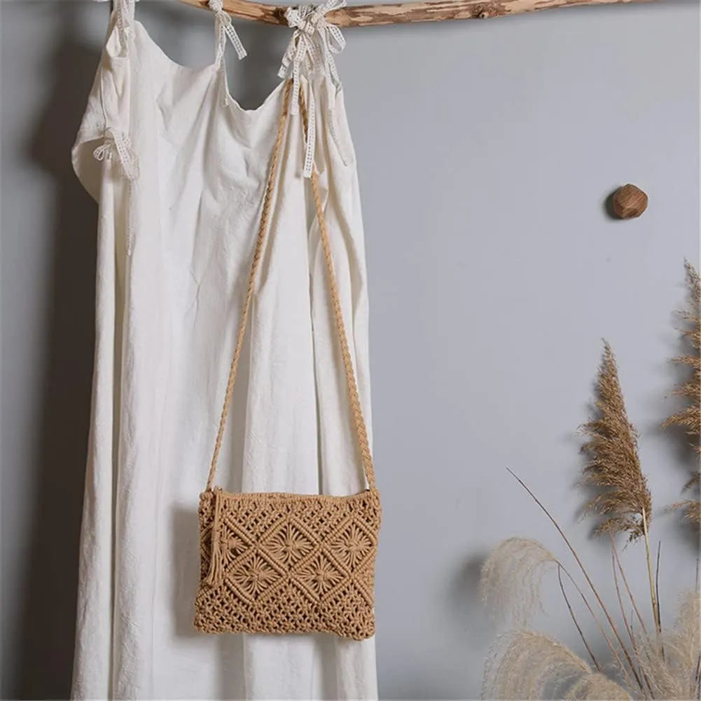 Boho Straw Shoulder Bag Handwoven Wicker Beach Purse for Women Crossbody Handbag