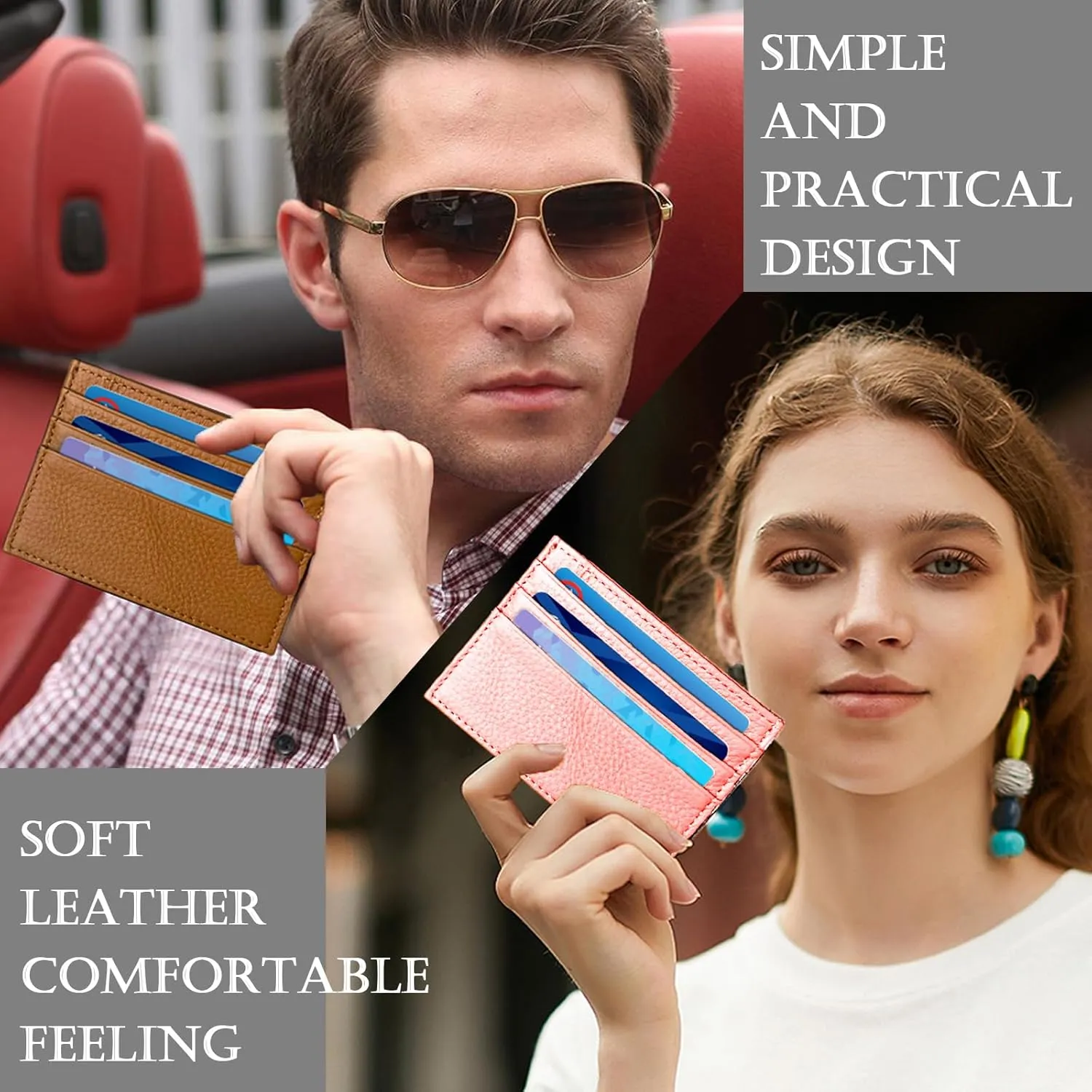 Credit Card Holder Wallet RFID Blocking Slim Credit Card Cases Holder Premium Leather Minimalist Front Pocket Small Wallet with 6 Card Slots and 1 Pockets for Men Women (Pink)