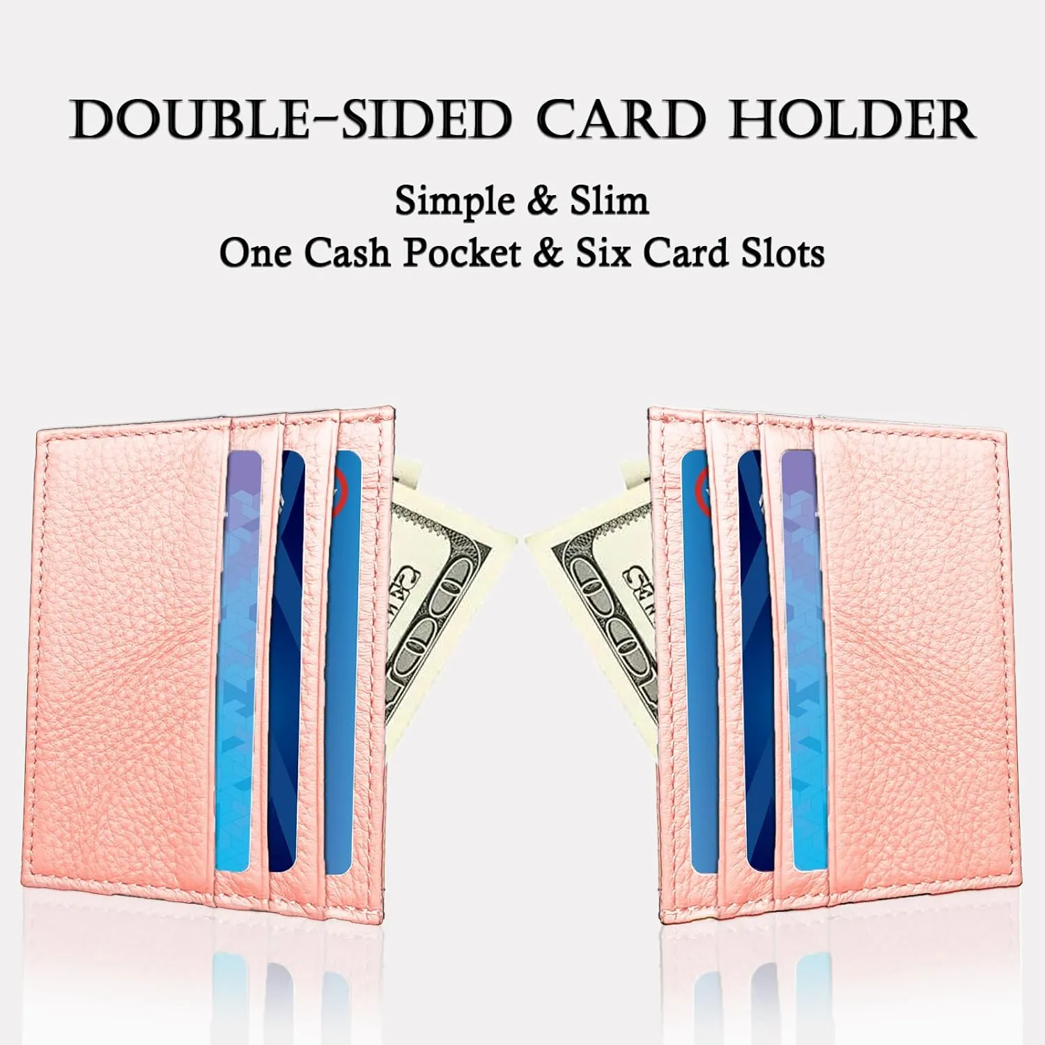 Credit Card Holder Wallet RFID Blocking Slim Credit Card Cases Holder Premium Leather Minimalist Front Pocket Small Wallet with 6 Card Slots and 1 Pockets for Men Women (Pink)