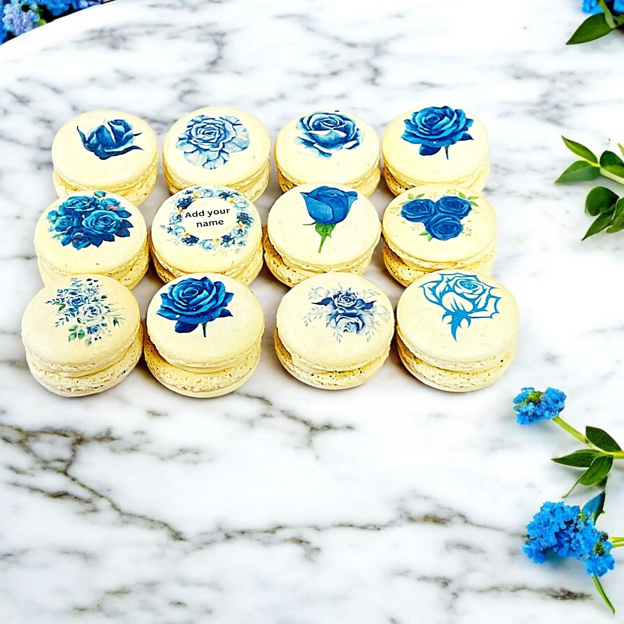 Custom Blue Rose Macarons - Personalized with Your Name - Elegant Floral Design