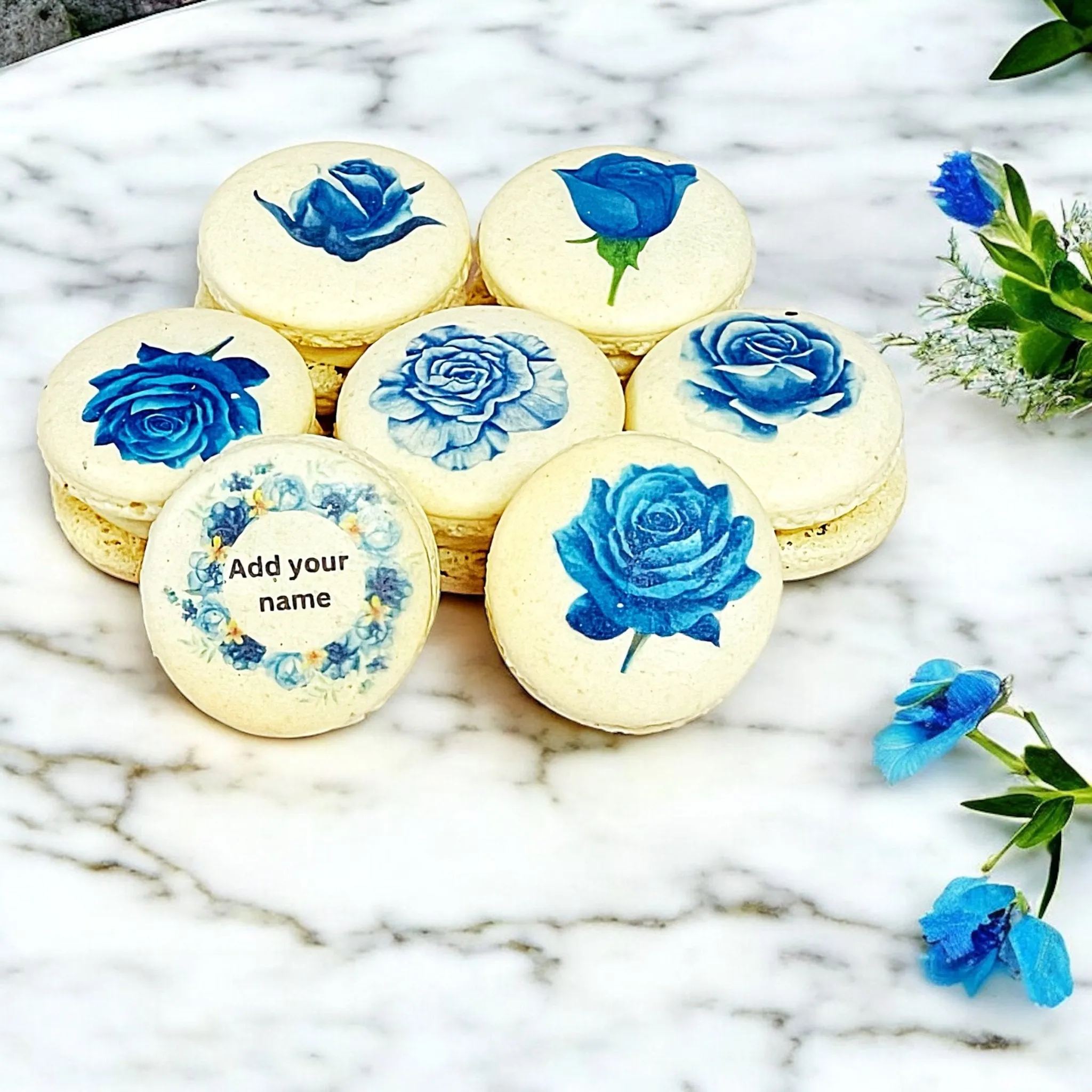 Custom Blue Rose Macarons - Personalized with Your Name - Elegant Floral Design