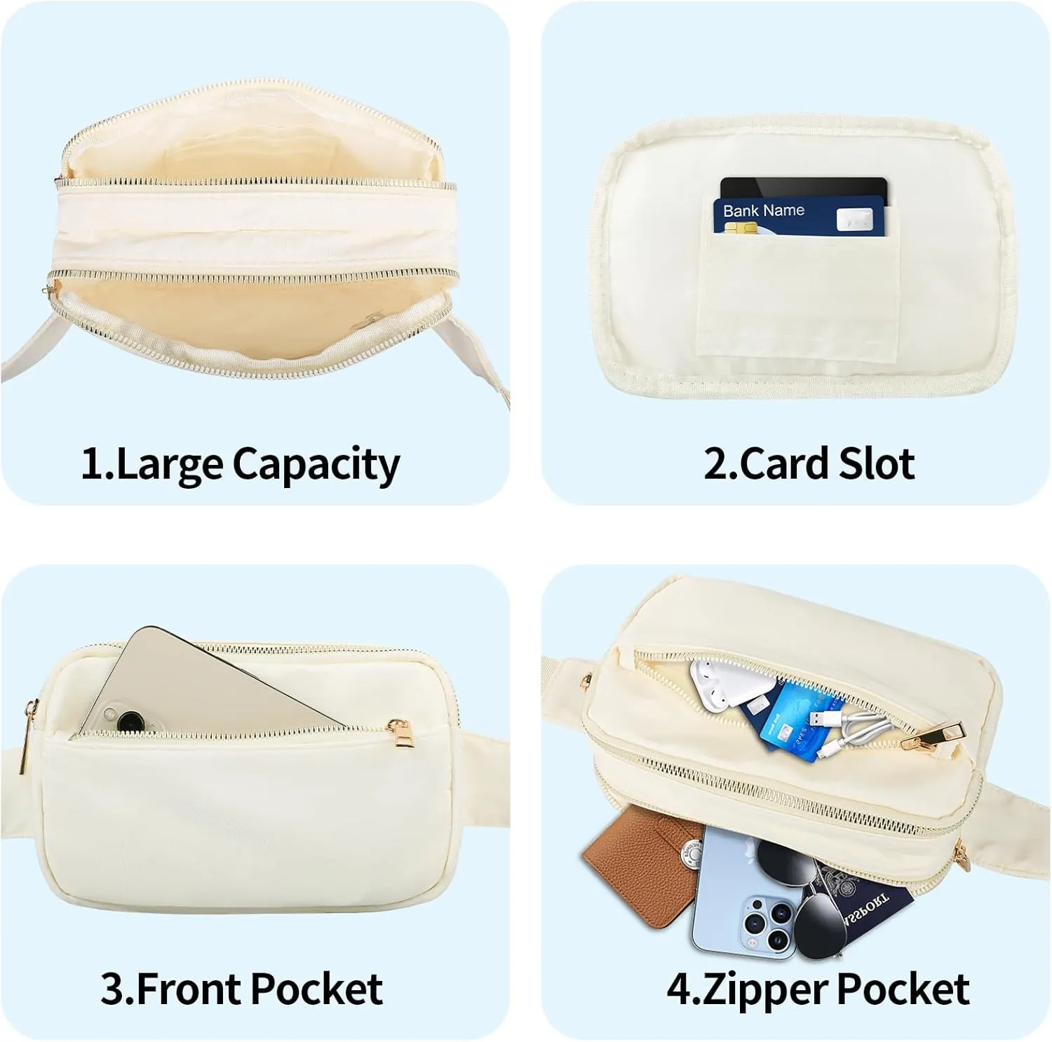 Fashion Fanny Bag-Waist Pack With Adjustable Belt Bag-Unisex Crossbody Pack For Travel Running Hiking-Beige