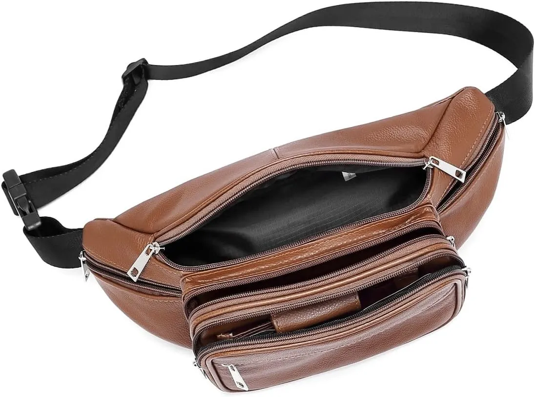 Genuine Cowhide Leather Large 7 Pocket Waist Pack with Organizer, Card Slots (Cowhide Brown)