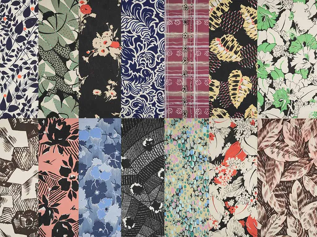 Handpainted Fabric Design by Arthur Litt - black white & pink leaves