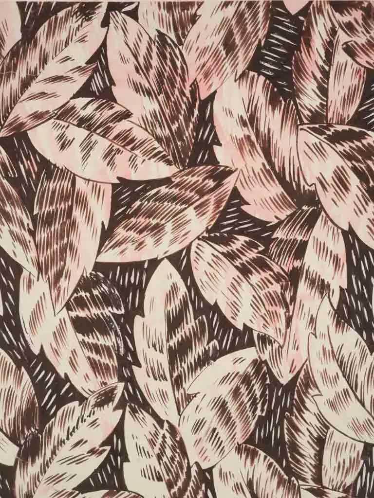 Handpainted Fabric Design by Arthur Litt - black white & pink leaves