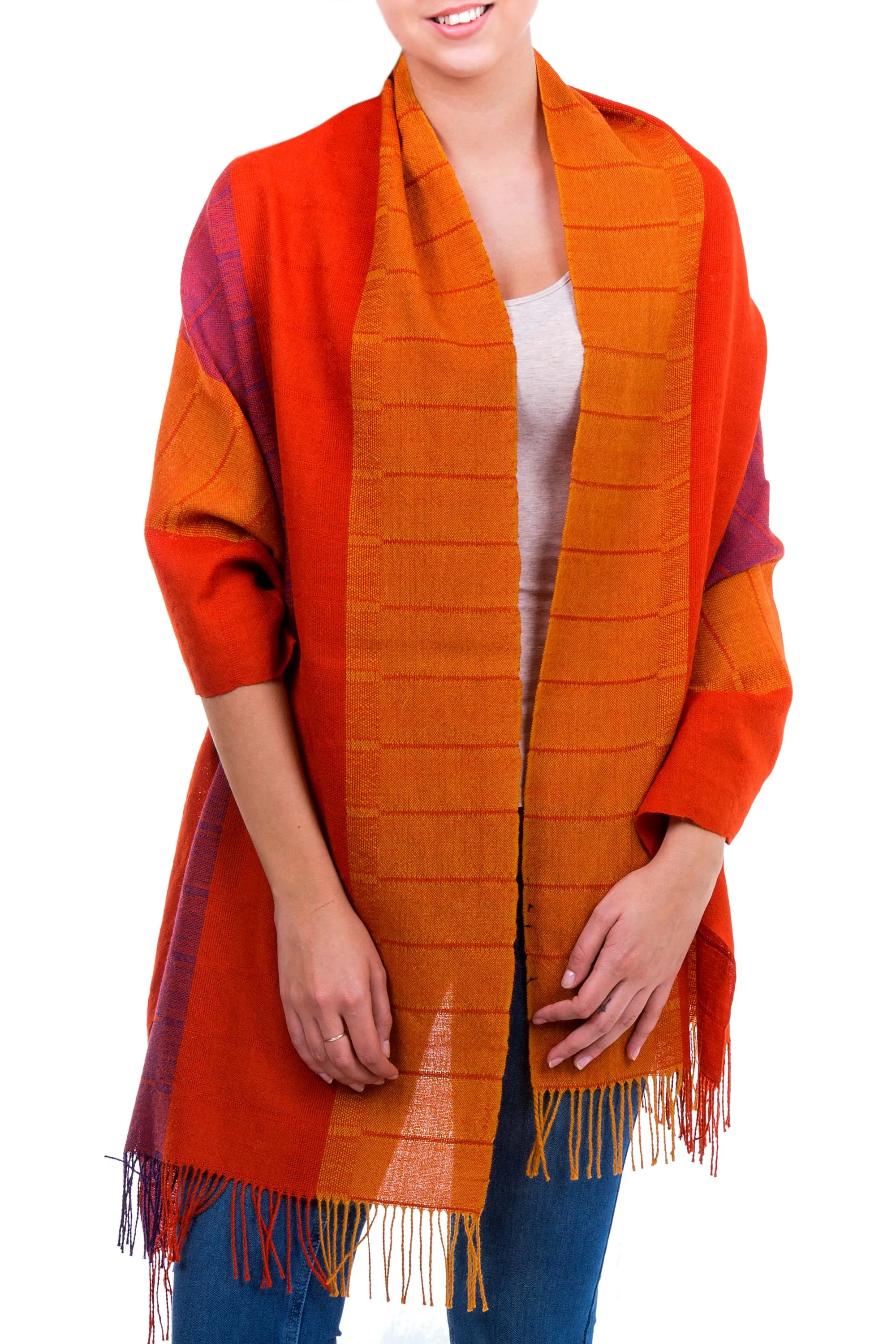 Handwoven Peruvian Alpaca Wool Striped Shawl - Tarma Marigold | NOVICA