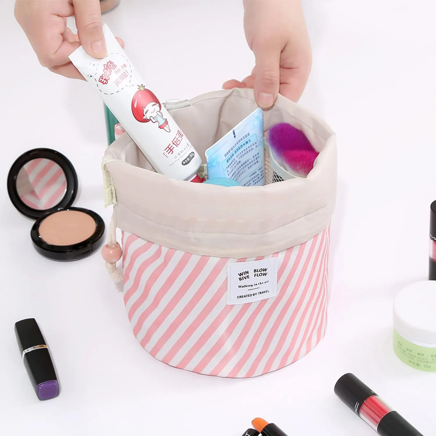INVODA Cosmetic Bag Travel Toiletry Bag for Women Drawstring Makeup Organizer Portable Multifunctional Waterproof Make Up Barrel Bag