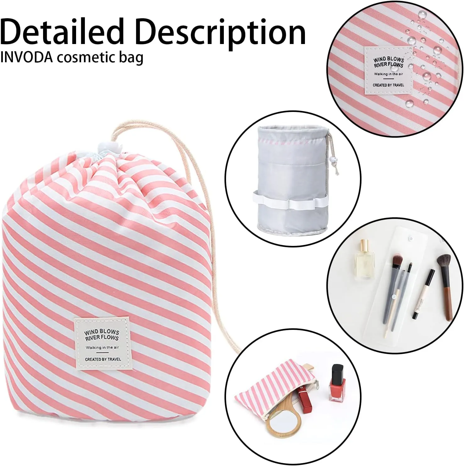 INVODA Cosmetic Bag Travel Toiletry Bag for Women Drawstring Makeup Organizer Portable Multifunctional Waterproof Make Up Barrel Bag