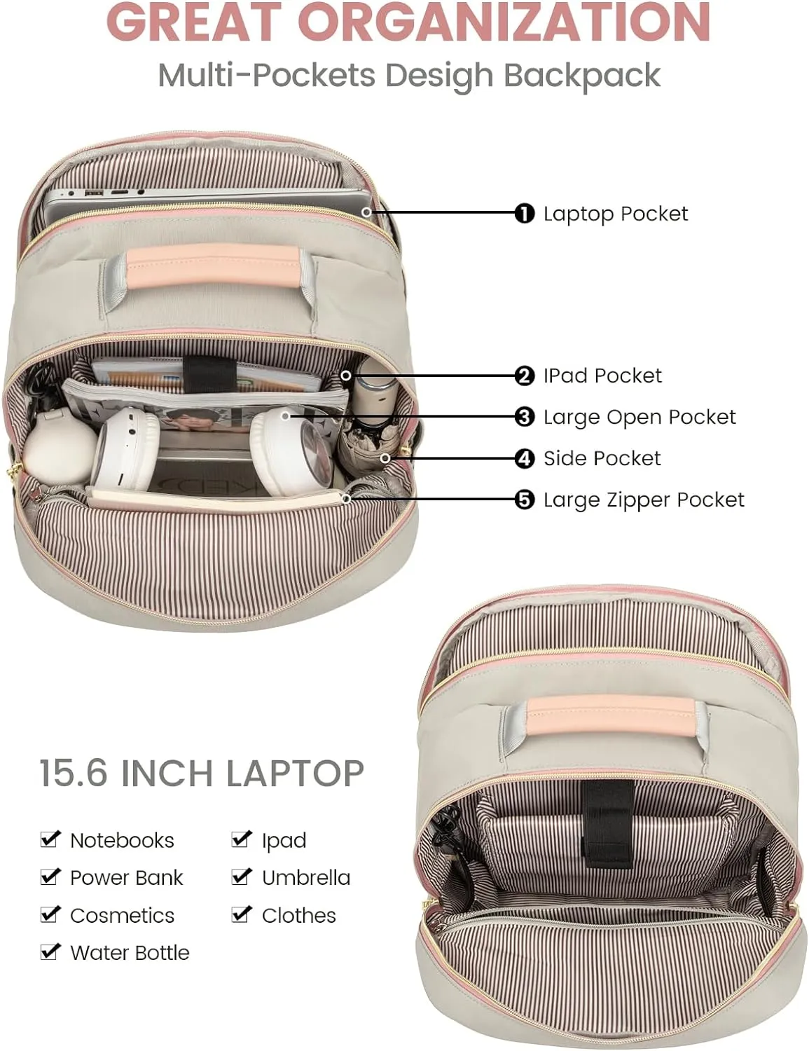 LOVEVOOK Laptop Backpack Purse for Women, Work Travel Computer Bags, College School Backpack for Student Girl, Quilted Casual Daypack with USB Port, Fit 15.6 Inch Laptop, Grey Pink