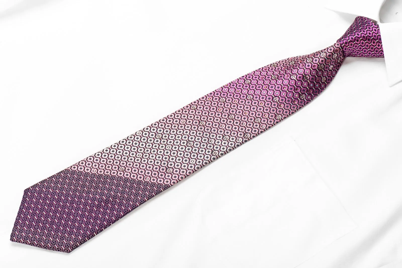 Nicole St Giles Mens Crystal Silk Necktie Geometric On Purple With Silver Sparkles