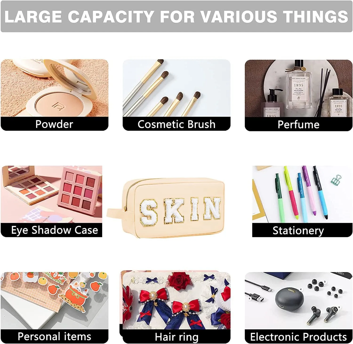 Preppy Makeup Bag for Women, Cosmetic Bag Letter Pouch Purse with Handle, Waterproof Portable Glitter Nylon Travel Toiletry SKIN Organizer with Zipper, Beige
