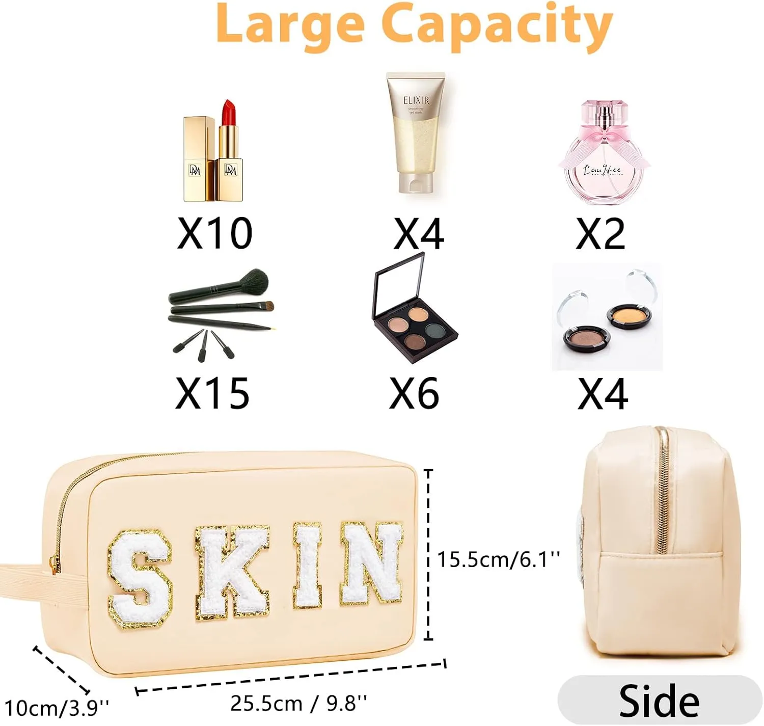 Preppy Makeup Bag for Women, Cosmetic Bag Letter Pouch Purse with Handle, Waterproof Portable Glitter Nylon Travel Toiletry SKIN Organizer with Zipper, Beige