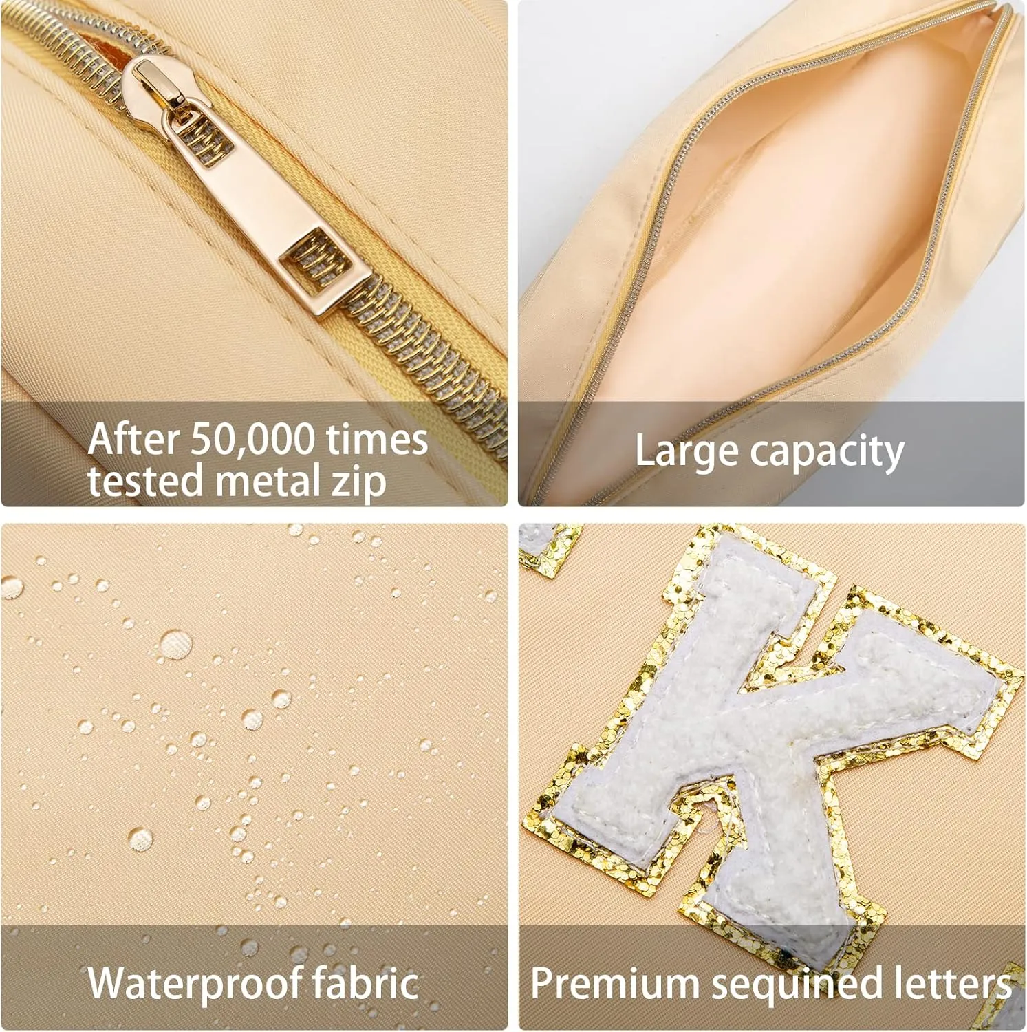 Preppy Makeup Bag for Women, Cosmetic Bag Letter Pouch Purse with Handle, Waterproof Portable Glitter Nylon Travel Toiletry SKIN Organizer with Zipper, Beige