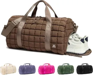 Quilted Gym Bag for Women,Duffle Bag for Travel with Wet Pocket,Carry on Weekender Bags for Women,Travel Bag with Shoe Compartment(Brown)