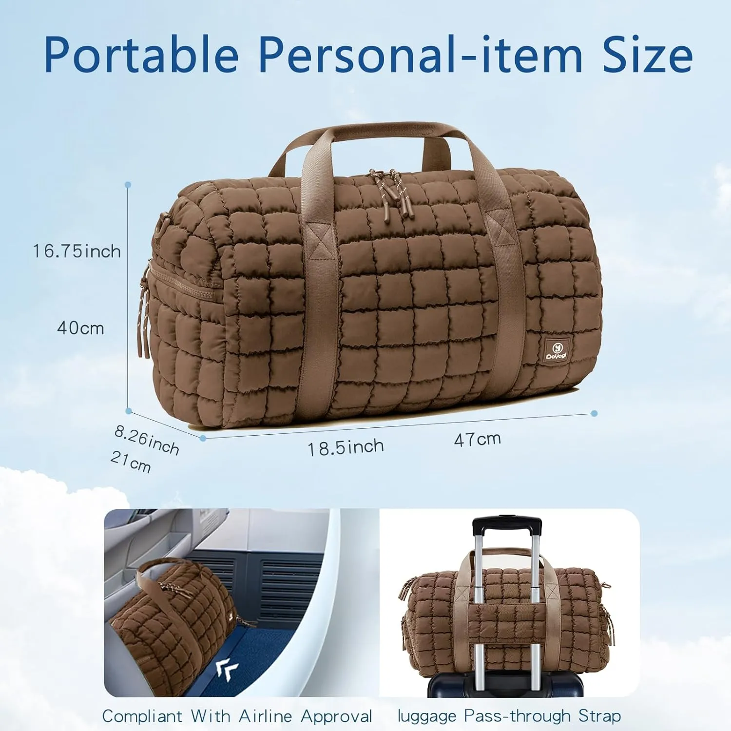 Quilted Gym Bag for Women,Duffle Bag for Travel with Wet Pocket,Carry on Weekender Bags for Women,Travel Bag with Shoe Compartment(Brown)