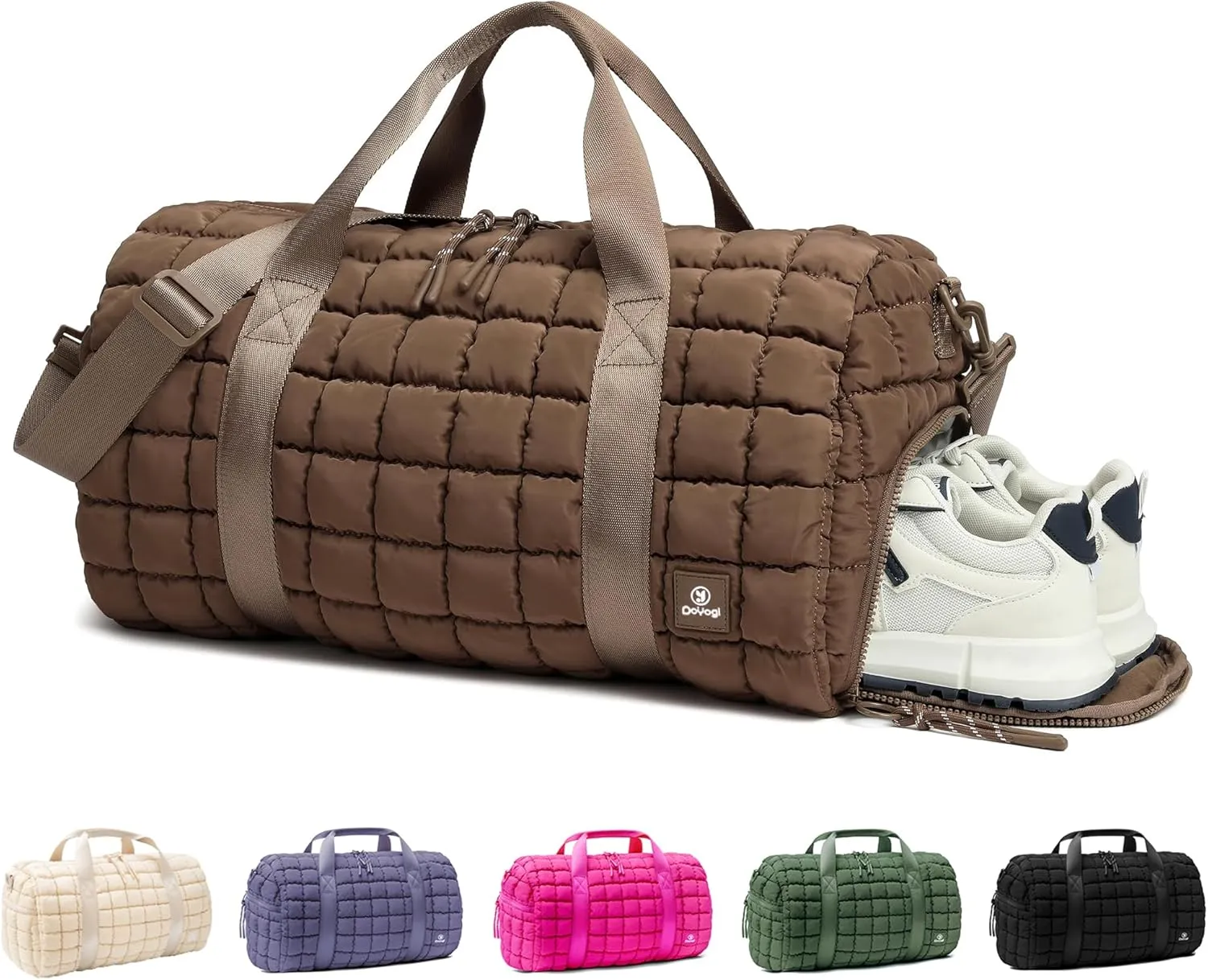 Quilted Gym Bag for Women,Duffle Bag for Travel with Wet Pocket,Carry on Weekender Bags for Women,Travel Bag with Shoe Compartment(Brown)