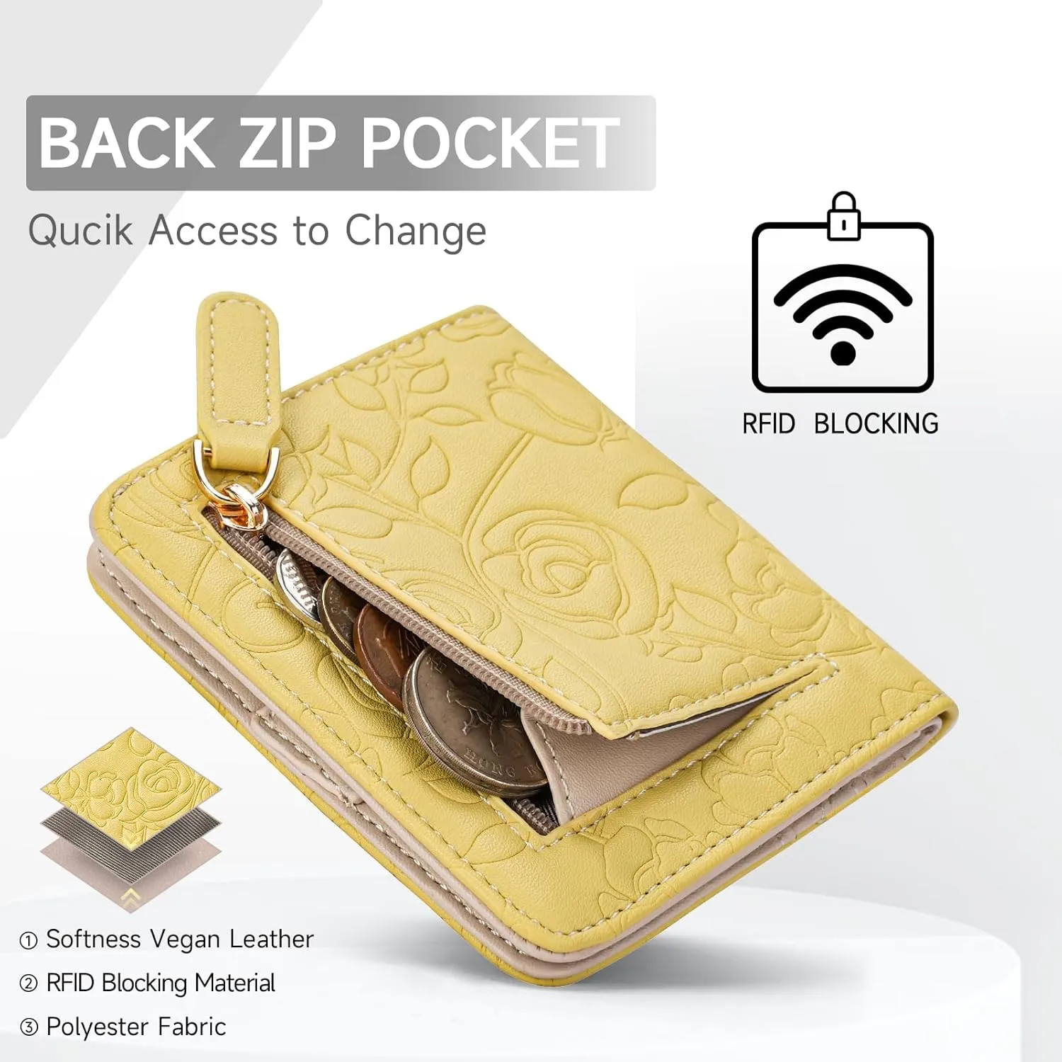 Wallet Women Ultra Slim Thin Small Womens Wallet RFID Blocking Bifold Clutch Long Ladies Wallet Rose YELLOW