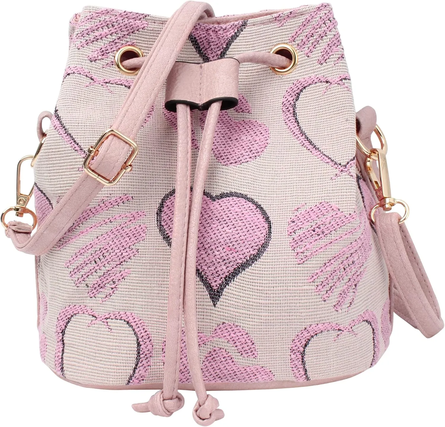 Women Mini Heart Pattern Cotton Blend Crossbody Bag Shoulder Bag Drawstring Bucket Bag