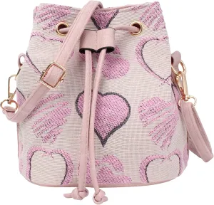 Women Mini Heart Pattern Cotton Blend Crossbody Bag Shoulder Bag Drawstring Bucket Bag